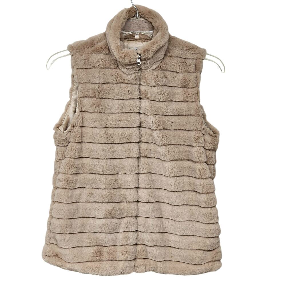 Katydid Womens Faux Fur Vest Sz Small Zip Front Mock Neck Glam Mob Wife Neutral